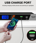 Hand using mobile phone charging at USB port of High Grade 10 Outlet Rackmount Power Conditioner And Sequencer.
