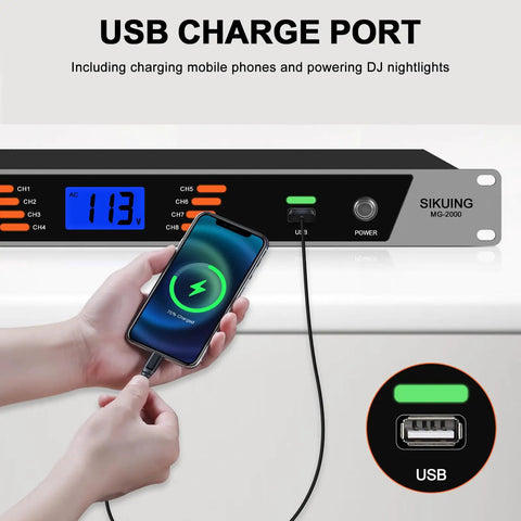 Hand using mobile phone charging at USB port of High Grade 10 Outlet Rackmount Power Conditioner And Sequencer.