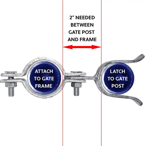 Heavy Duty Galvanized Chain Link Fork Latch With Padlock Hole For 1-7/8 Inch Gate Frame and 4 Inch Fence Post showing attachment details.