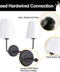 Hardwired 2 Light Dual Lamp Modern Armed Wall Sconce With Flared White Fabric Shades, matte black finish, E26 base.