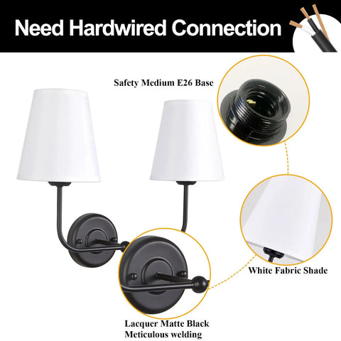 Hardwired 2 Light Dual Lamp Modern Armed Wall Sconce With Flared White Fabric Shades, matte black finish, E26 base.