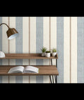 Fresh Printed Modern Striped Vinyl Wallcovering Featuring Subtle Leather Texture Ultra Durable Pastable Wallcover used in a stylish workspace.