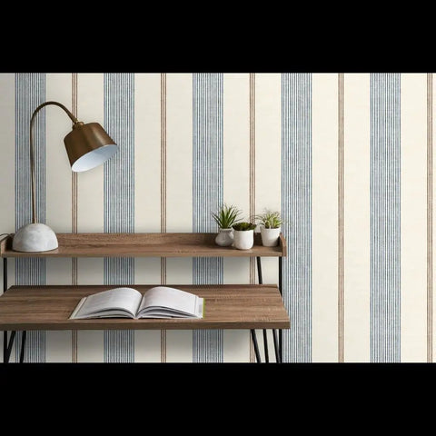 Fresh Printed Modern Striped Vinyl Wallcovering Featuring Subtle Leather Texture Ultra Durable Pastable Wallcover used in a stylish workspace.