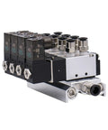 Go-To Industrial Pneumatic Solenoid Valve 4V110-06 DC 24V, 2 Position 5 Way With Base Muffler, 6mm fittings, aluminum body, side view