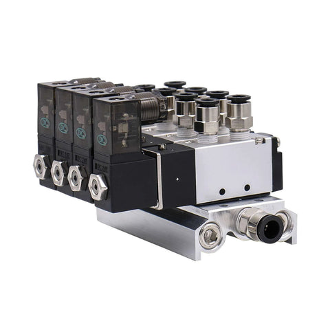 Go-To Industrial Pneumatic Solenoid Valve 4V110-06 DC 24V, 2 Position 5 Way With Base Muffler, 6mm fittings, aluminum body, side view