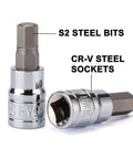 33 Piece Hex Bit Socket Set Master Kit With S2 And Cr-V Steel, SAE And Metric Sockets, shown with steel components labeled.