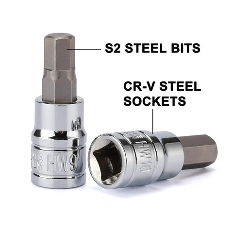 33 Piece Hex Bit Socket Set Master Kit With S2 And Cr-V Steel, SAE And Metric Sockets, shown with steel components labeled.