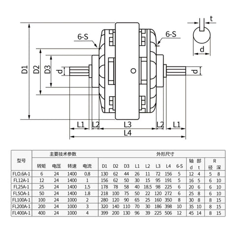 Diagram of Single Axis Magnetic Powder Brake And Dual Axis Clutch System With Hollow Core Tension Controller 0.6 To 40 Kg Torque Range Dual Axis 20 Kg Capacity Durable Alloy Powder Stable Torque For Precision Motion Control FL FZ PB PC, showing technical dimensions and specifications.