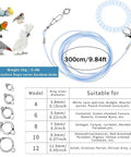 Parrot Flying Training Rope Kit With Five Size Bird Foot Rings For Cockatiels Parakeets Pigeons Outdoor Flying Kit Traction Rope Training Toy To Stop Escaping For Birds 3M Long, showing rope, rings and size chart for bird suitability.