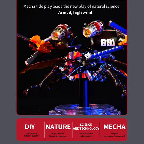 3D DIY Mechanical Beetle Assembly Model With Mechanical Transmission, Futuristic Desktop Ornament For Enthusiasts And Gift Givers, Dynamic Kit Version With LED Accent Lights, red ABS PVC, mounted on base