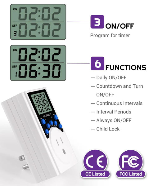 Hassle Free Programmable Digital Timer Outlet With Infinite Cycle Schedule Control 15 Amp Wall Plug showing LCD screen with ON/OFF settings.