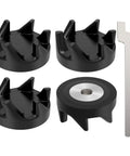 4 Pack Blender Coupler With Spanner Drive Kit Replacement Parts For Popular KitchenAid Blenders Like KSB5 And KSB3 Replaces WP9704230VP WP9704230 AP6013694 9704230 Includes Beefed Up Couplers. Four black blender couplers and silver spanner wrench on white background