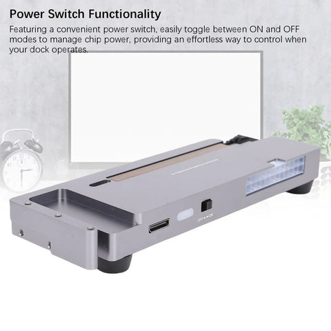 Turn Your Ordinary Laptop Into A Straight Up Gaming Beast With This External GPU Dock showing power switch and ports for connectivity.