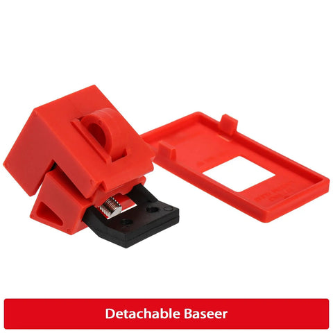 12 Pack Clamp On Circuit Breaker Lockout Device For 120 277 Volt Electrical Single Pole Breakers Lockout Tagout Kit With 16 mm Handle Hole OSHA Compliant, showing red and black clamp with detachable base.
