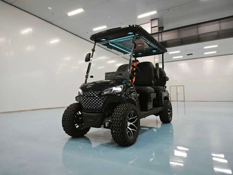 Sweet Setup Four Seater Electric Golf Cart With Powerful 48V Motor And Integrated Sunroof Black showcasing front view in modern interior.