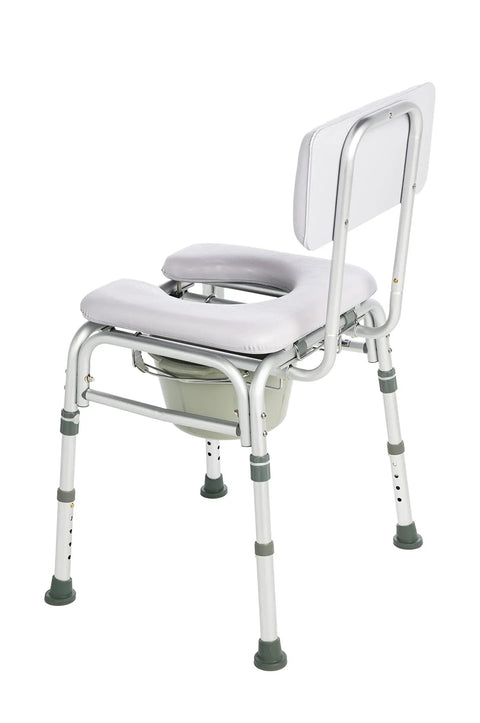 Back view of Lumex Deluxe Padded Shower Chair With Commode Opening, height adjustable legs, and anodized frame.