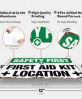 Aluminum Safety First Aid Kit Location Sign Built Tough Heavy Duty Scratch And Moisture Resistant Wall Decor, 8x12 inches, displayed with features highlighted.