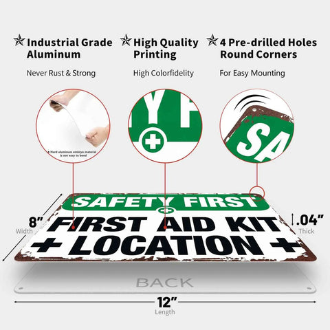 Aluminum Safety First Aid Kit Location Sign Built Tough Heavy Duty Scratch And Moisture Resistant Wall Decor, 8x12 inches, displayed with features highlighted.