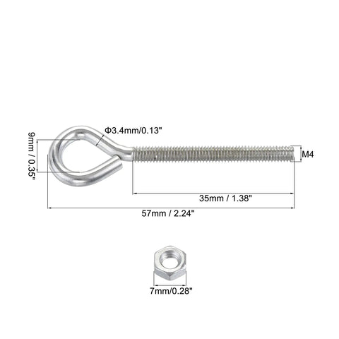 Heavy Duty M4x40mm Eye Hook Screws Kit 15Pc Carbon Steel Hanger Eyelets With Hex Nuts For Metal And Wood Projects Built Tough Eyelet Hooks Hardware Bundle, M4 57mm