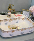 USZWBY Bathroom Sink, Countertop Basin Ceramic Ceramic Countertop Sink, Art Sink, Square Painting Ceramic Sink, Bathroom Sink-Basins Only with gold floral design and dimensions shown.