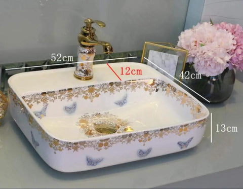 USZWBY Bathroom Sink, Countertop Basin Ceramic Ceramic Countertop Sink, Art Sink, Square Painting Ceramic Sink, Bathroom Sink-Basins Only with gold floral design and dimensions shown.