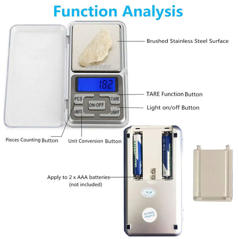 High Precision 500g Food Travel Scale Portable Pocket Scale With LCD Display shown with buttons and battery compartment open.