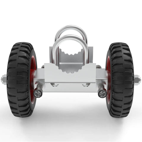 Heavy Duty Six Inch Rolling Gate Wheels Loaded With Double U Bolts And Rust Proof Steel Setup for sliding gates, featuring rubber tires.