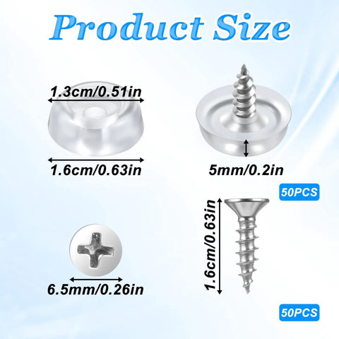 Clear Rubber Cabinet Bumpers And Door Stops Kit With Screws For Drawers Walls And Cutting Boards Non Slip Sound Dampening Feet 50 Pack Slim Low Profile Bumper Pads DIY Friendly shown with dimensions and screws