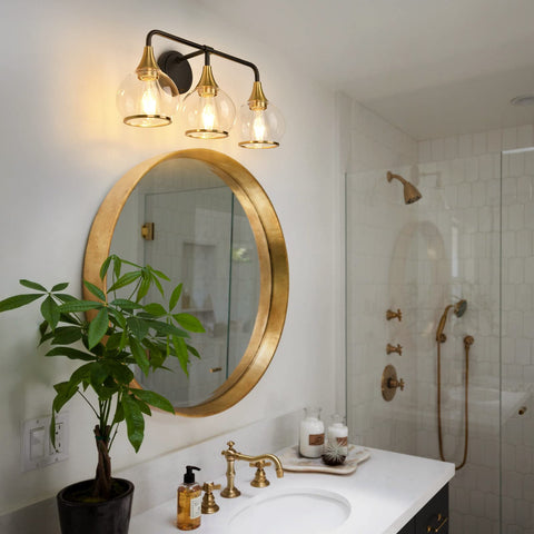 Black And Gold 3 Light Vanity Light Fixture Over Mirror With Clear Glass Shade For Bathroom, 22.4 Inch Wall Sconce Lighting