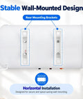 Stable wall-mounted design of heavy duty wall mounted electric water heater with 18.5 gallon tank and 1500 watt fast heat coil.