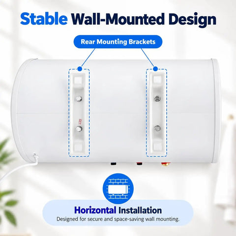 Stable wall-mounted design of heavy duty wall mounted electric water heater with 18.5 gallon tank and 1500 watt fast heat coil.