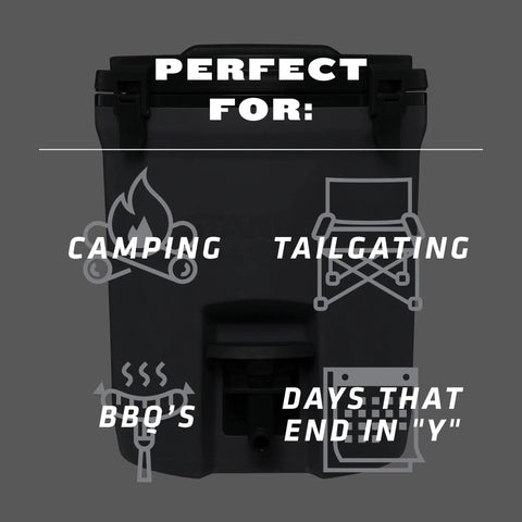 Adventure Fast Flow 2 Gallon Water Jug With Leakproof Ice Dispenser for camping, tailgating, and BBQs, shown from the back.