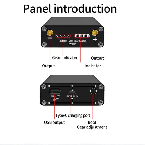 Front panel of Portable Handheld Spot Welder For Nickel Strip And Small DIY Projects showing gear indicator and charging ports.