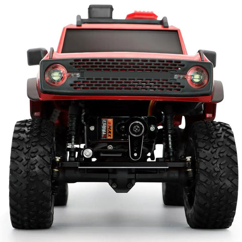 Front view of RC crawler with Axial SCX24 Steering Servo Upgrade Kit With Metal Gear, Mount Bracket, Arm And Steering Link Set.