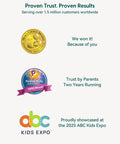 Awards and recognition for metal baby gate at 2025 ABC Kids Expo, including Mom's Choice Award and Parent's Picks Award.