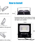 Beefy 30W LED Flood Light With 5 Ft Cable And Switch installation guide, showing positioning on wall, ground, and ceiling.