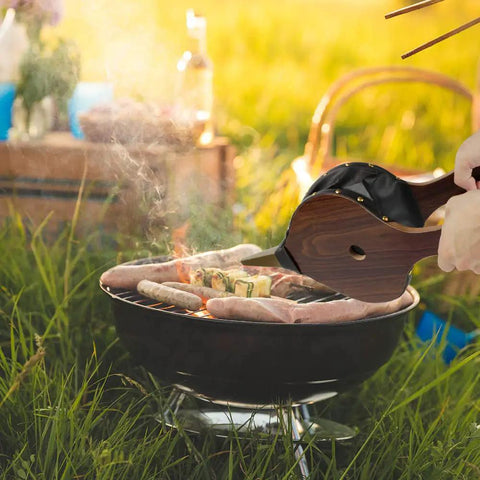 Large Wood Fire Bellows With Hanging Strap Cast Nozzle in use for outdoor camping BBQ grill, premium leather and solid wood construction