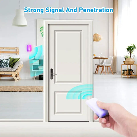 Person holding wireless control for 7 Color LED Lights Flash And Music Doorbell For Home With Wireless Sound Alerts Perfect For Deaf Or Hard Of Hearing Three Modes Include Flash Only Ring Only Or Both Easy Setup And Modern Nightlight Vibe.