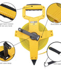 Open Reel Fiberglass Tape Measure 165 Feet Built Tough With Inch Metric Scale, yellow ABS shell, metal clip, rack handle, 50m tape