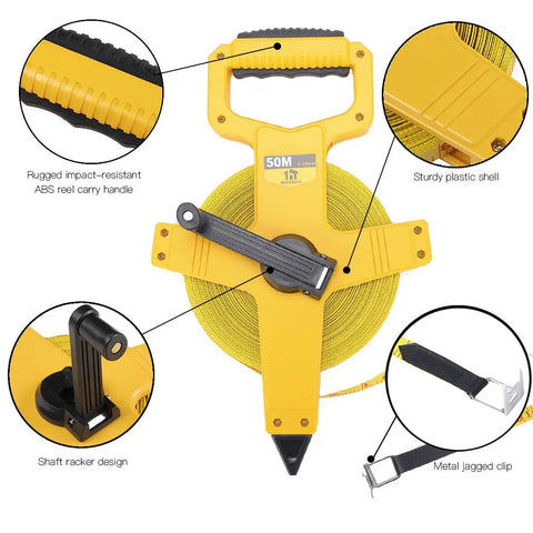Open Reel Fiberglass Tape Measure 165 Feet Built Tough With Inch Metric Scale, yellow ABS shell, metal clip, rack handle, 50m tape