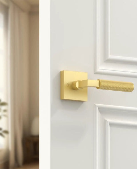 4 Pack Brushed Gold Dummy Interior Door Handles For Closet French Doors Pantries And Interior Push Pull Doors Decorative Non Turning Door Levers Perfect For Cabinet Closets And Double Doors In Modern DIY Homes brushed gold lever on white door
