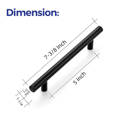 Dimension guide for 32 Pack Matte Black Stainless Steel Cabinet Pulls Seven And Three Eighths Inch Long With Five Inch Center To Center Hole Spacing