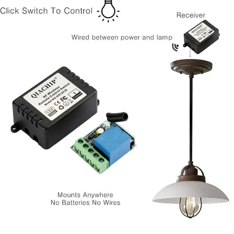 12V DC One Channel 433MHz Wireless Relay Remote Control Kit with receiver, transmitter, and light setup