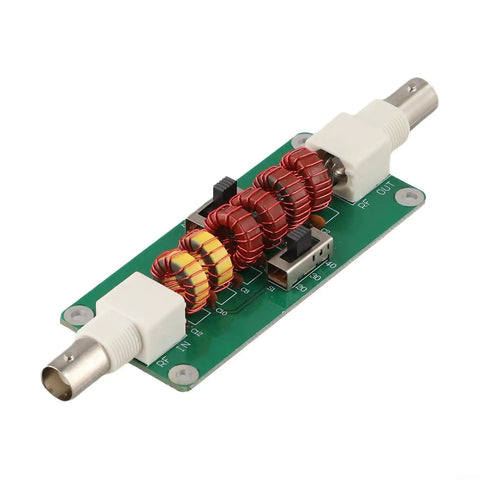 Low Pass Filter for 20m 30m 40m Bands 7MHz 10MHz 14MHz With Crystal Clear Signal Purity, metal RF module, connectors visible.