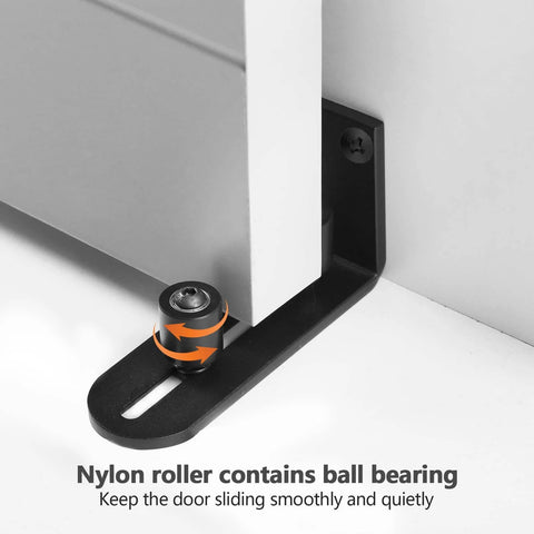 Matte Black Barn Door Floor Guide With Flush Bottom Design, Adjustable Wall Mounted Roller, Rust Resistant Iron, Fits All Door Thickness
