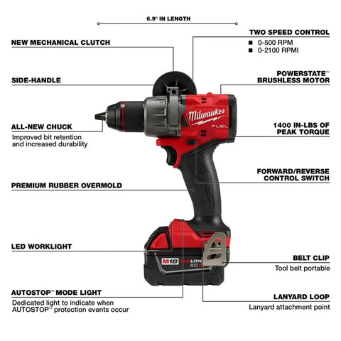 Compact Brushless Cordless Drill Driver Kit Powered By Heavy Duty Battery Pack With Ultra Slim Six Point Nine Inch Housing features a side handle and LED worklight.