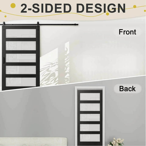 Black PVC Surface Solid Core Wood Frosted Glass Sliding Barn Door With Installation Hardware Kit 60 By 84 Inches 2-sided view