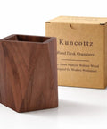 Black Walnut Wood Pen Holder For Desk with packaging, sleek modern pencil cup organizer for office supplies, luxury wood desk accessory.