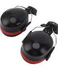 Heavy Duty Hard Hat Earmuffs With Plush Padded Cushions To Crush Loud Racket On The Job Site Adjustable Clips black and red design.