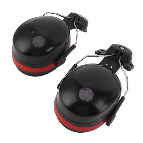 Heavy Duty Hard Hat Earmuffs With Plush Padded Cushions To Crush Loud Racket On The Job Site Adjustable Clips black and red design.